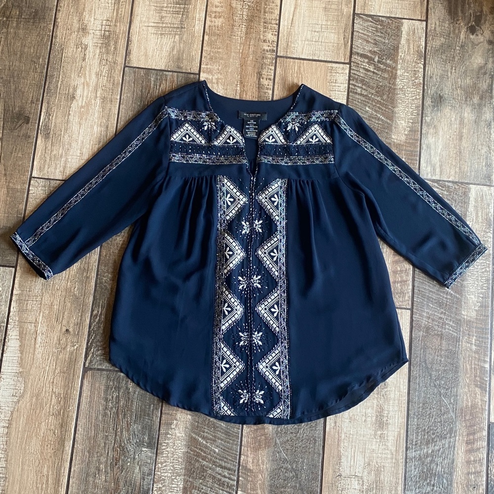 MM Couture Navy Embroidered Split V-Neck Tunic - Picture 2 of 12